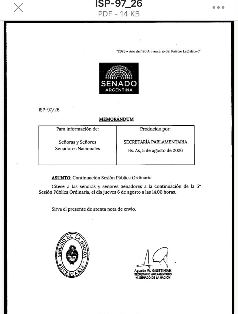 Memo de la citación a la sesión de mañana