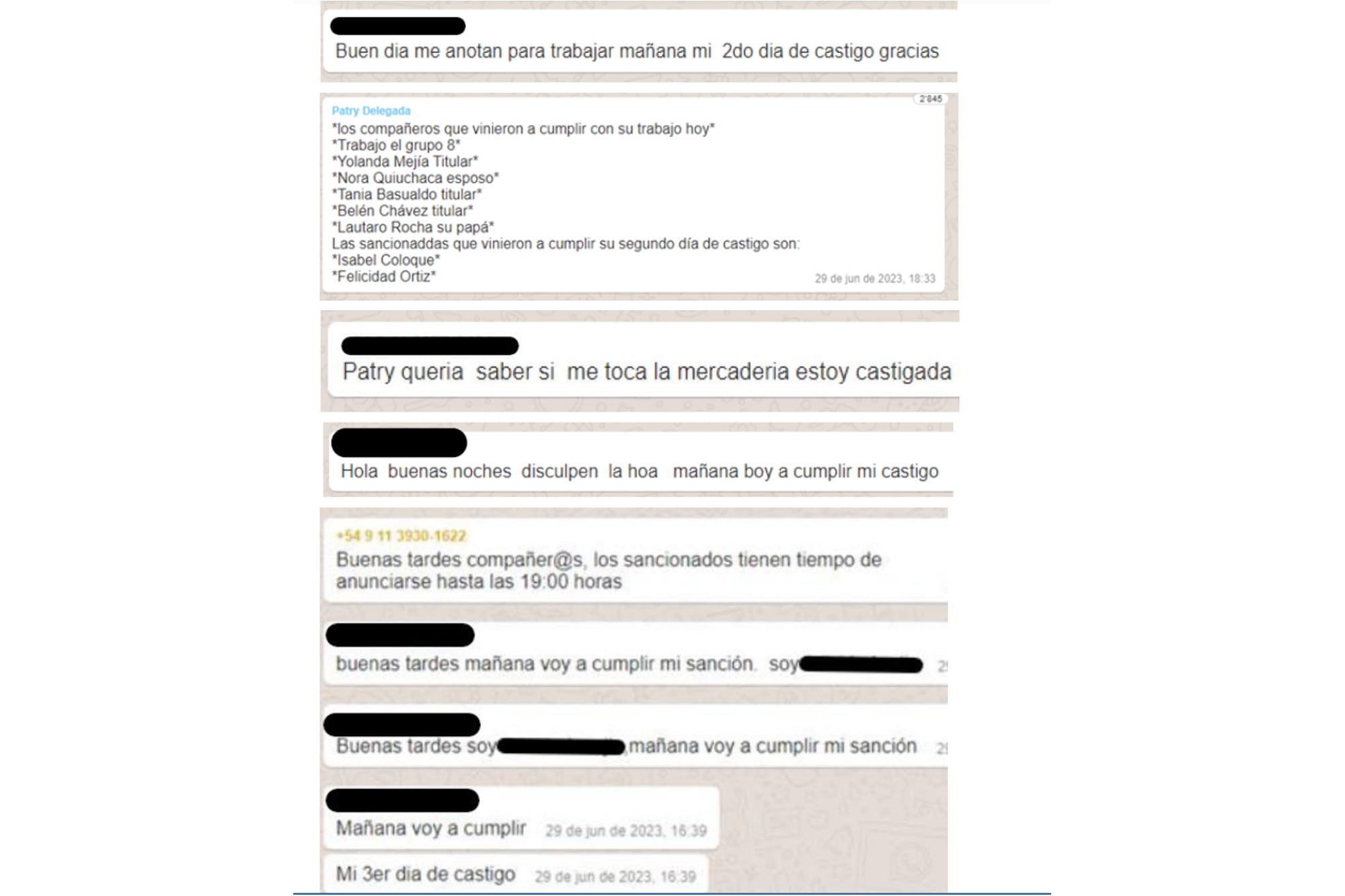 Los chats de la causa número CFP 4489/2023 que señalan un sistema de castigos, multas y contraprestaciones para acceder a planes y alimentos