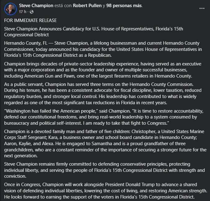 El anuncio de Steve Champion en redes sociales