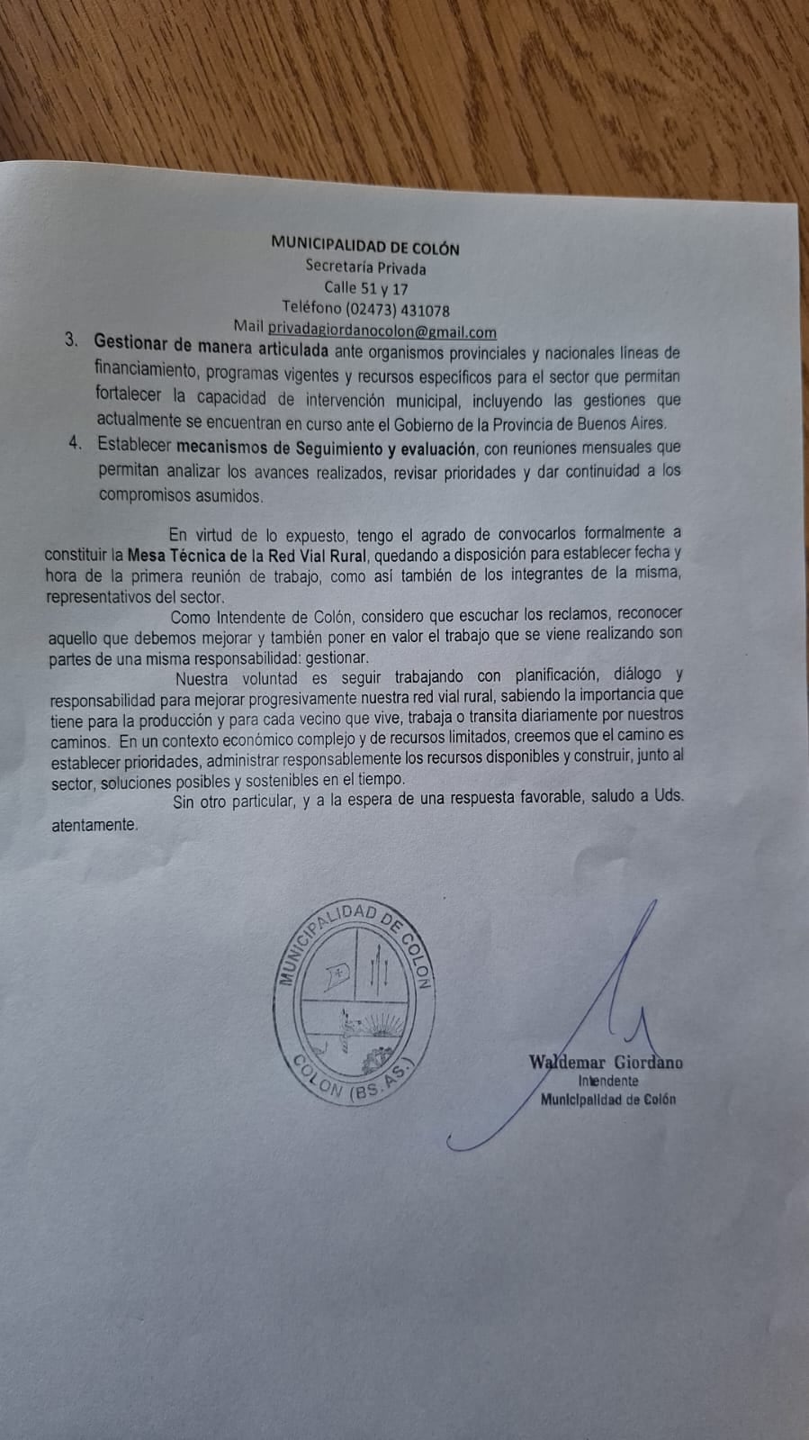 La carta que el intendente les envió a los productores