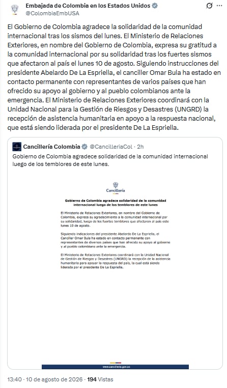 La Embajada de Colombia en Estados Unidos mostró su agradecimiento a la comunidad internacional tras los sismos