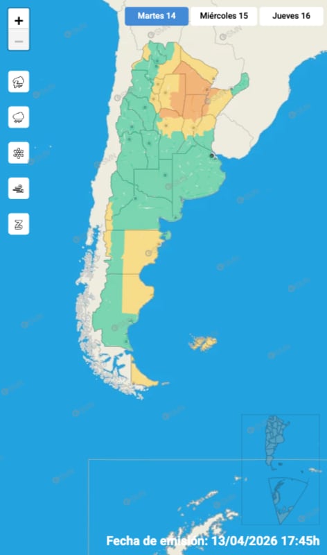 Las alertas emitidas por el SMN para este martes 14 de abril.