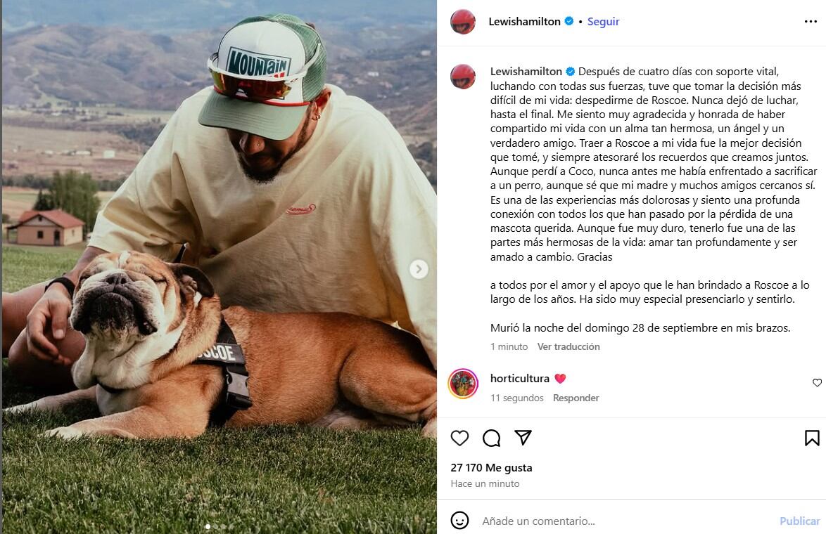 Lewis Hamilton despidió a Roscoe en sus redes sociales