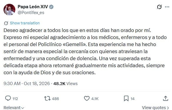 El tuit del Papa tras el Angelus