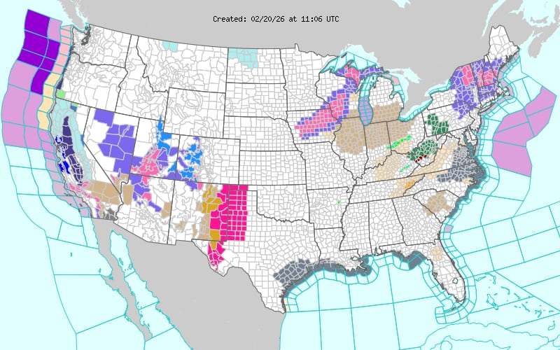 En rosa, las áreas que aún tienen alertas vigentes por condiciones propicias para la propagación de incendios forestales