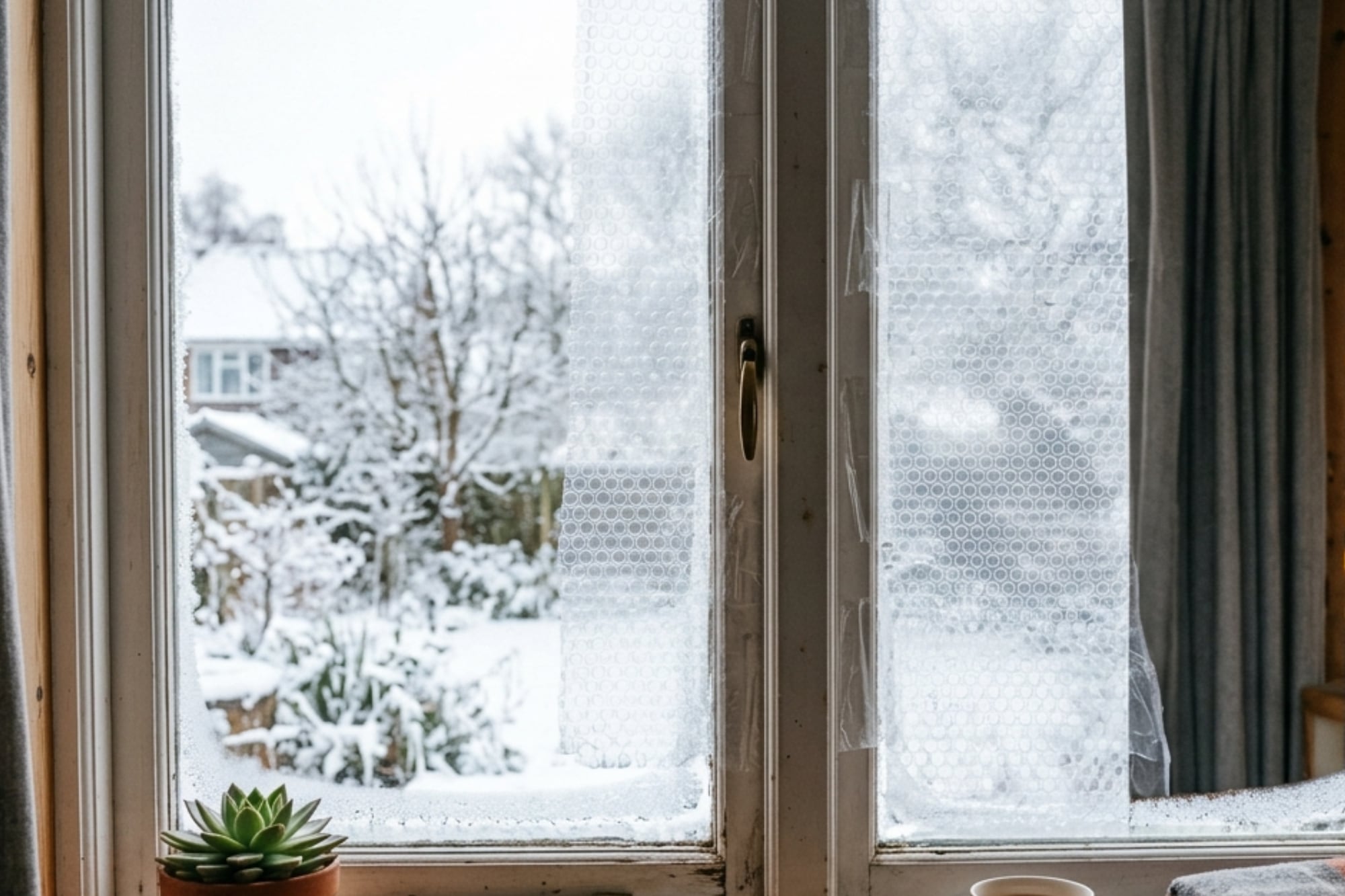 Pegar plástico con burbujas en las ventanas puede servir de aislante contra el frío de invierno