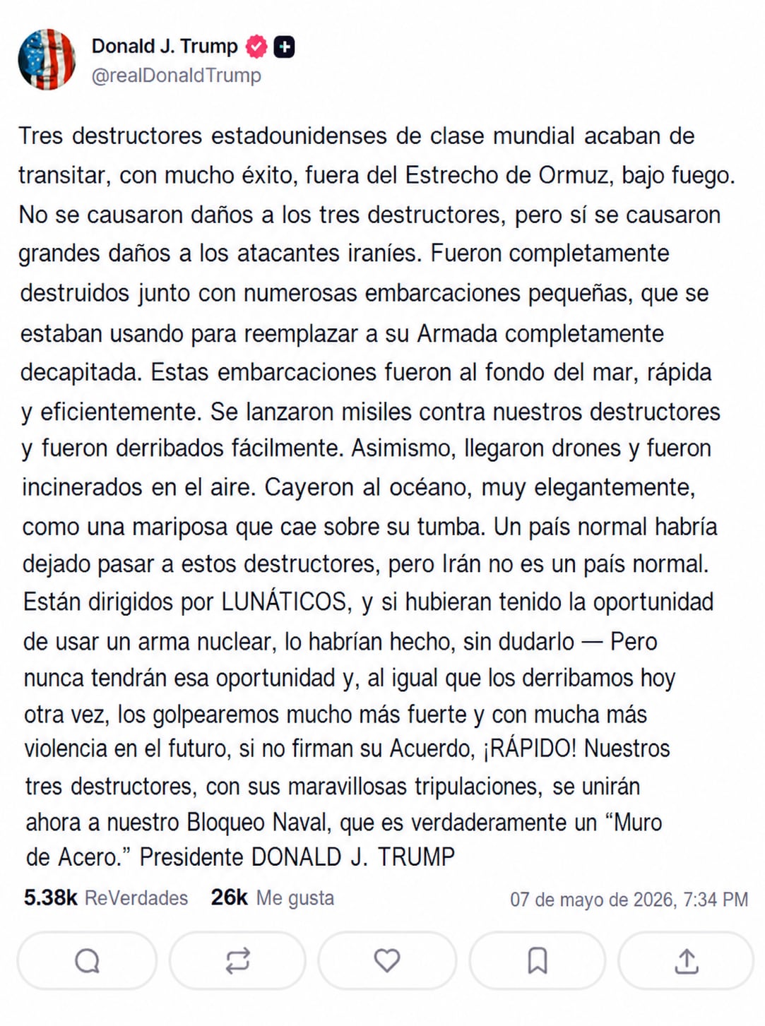 El posteo de Donald Trump en Truth Social