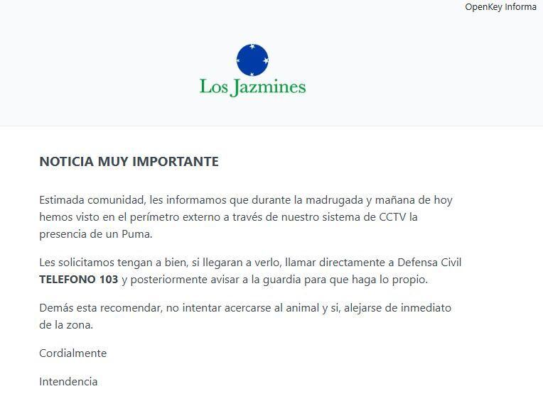 El comunicado que la administración del barrio privado Los Jazmines envió a sus vecinos tras detectar la presencia de un puma