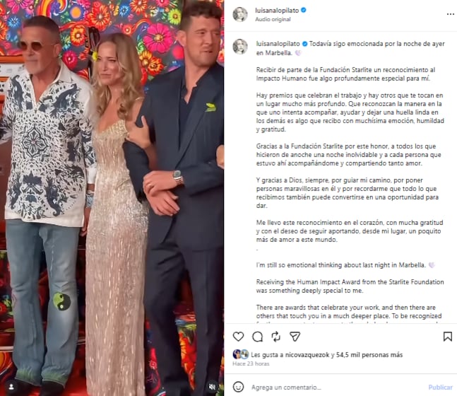 Luisana Lopilato recibió el premio al Impacto Humano en la gala creada por Antonio Banderas y Sandra García-Sanjuán (Foto: Instagram @luisanalopilato)