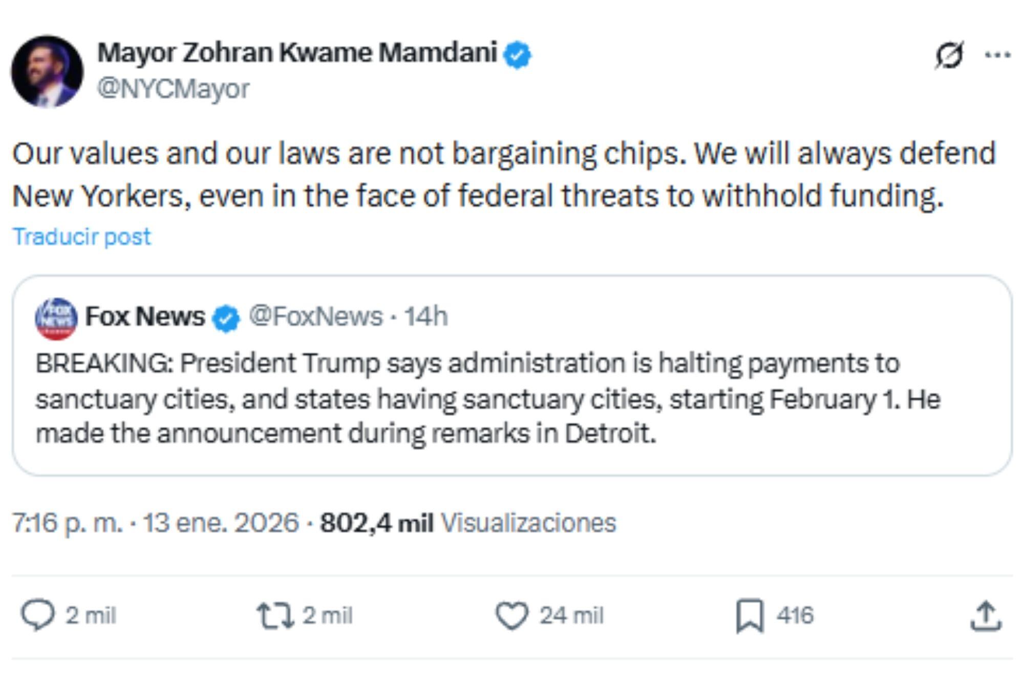Mamdani aseguró que defenderá a los neoyorquinos ante la advertencia de Trump