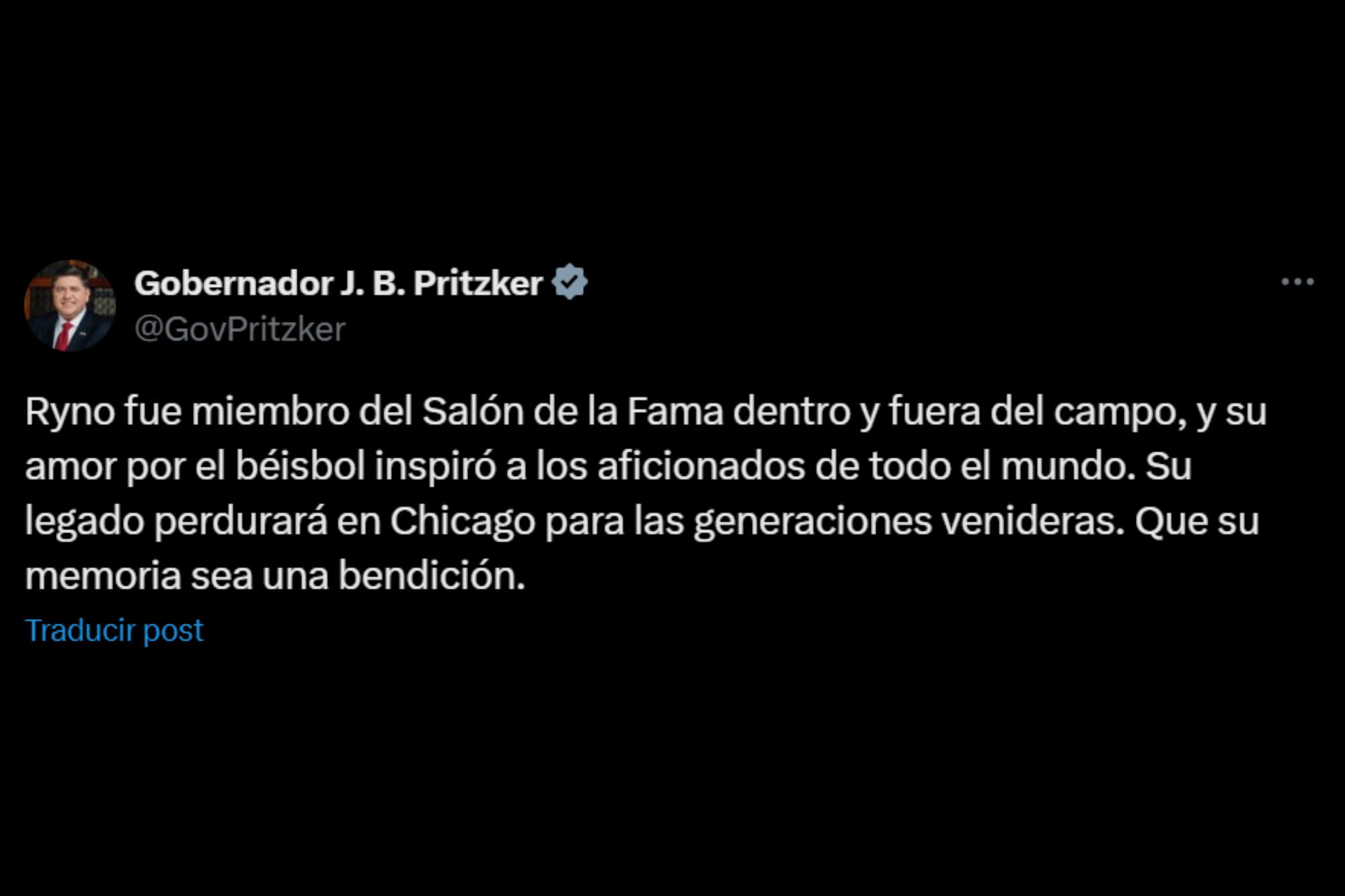 En un dedicado mensaje por X, Pritzker afirmó que Sandberg fue “miembro del Salón de la Fama dentro y fuera del campo”