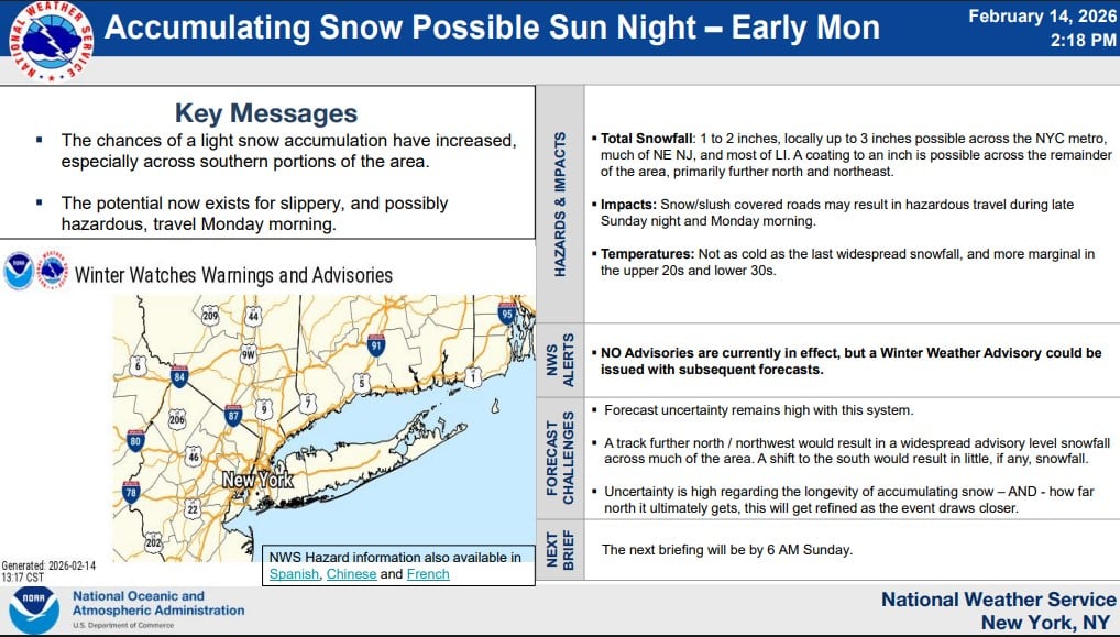 El pronóstico del clima en Nueva York para el sábado 14 y domingo 15 de febrero