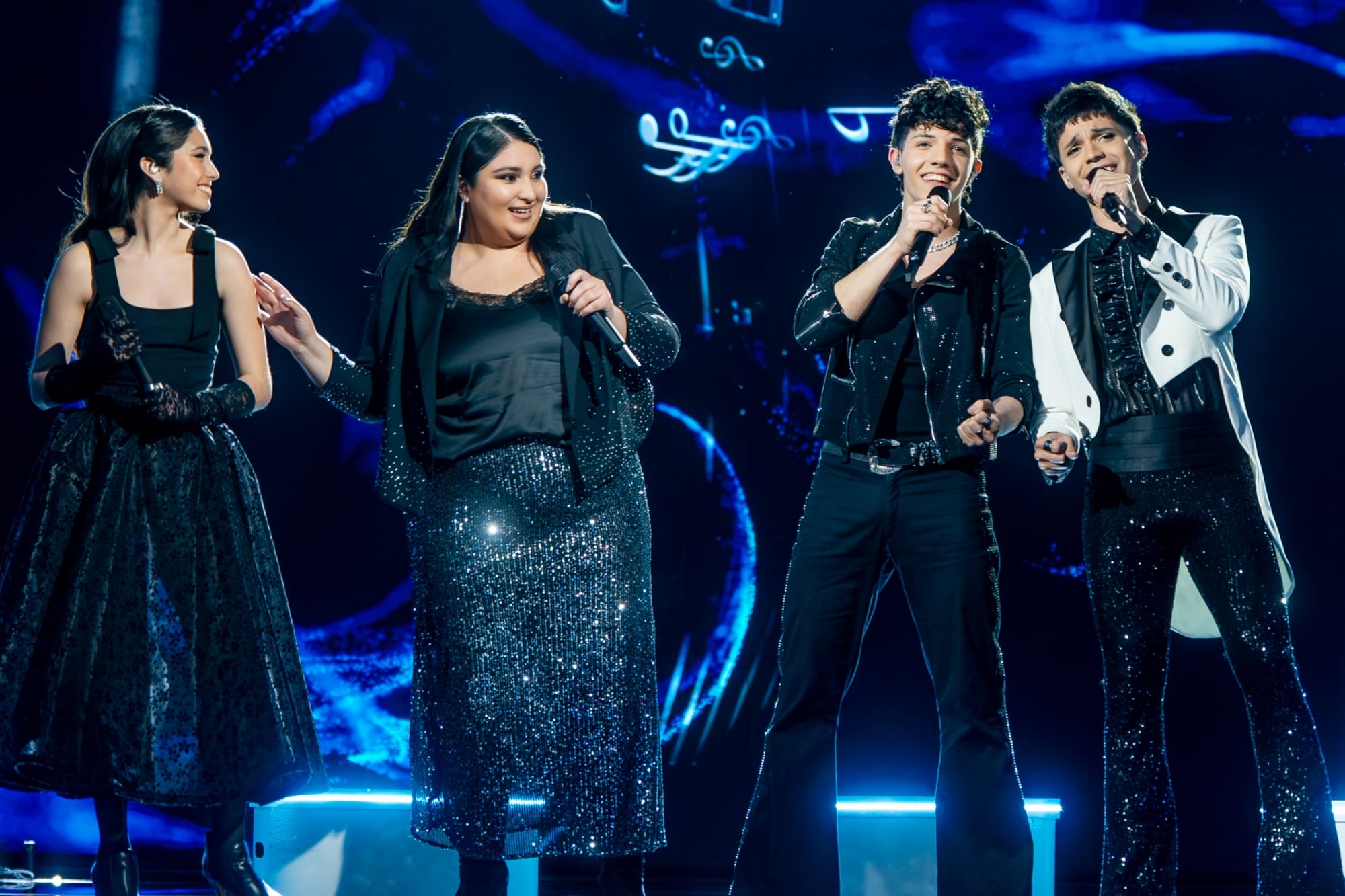 Milagros Gerez Amud, del Team Soledad; Eugenia Rodríguez, del Team Miranda!; Nicolás Behringer, del Team Luck Ra; y Alan Lez, del Team Lali