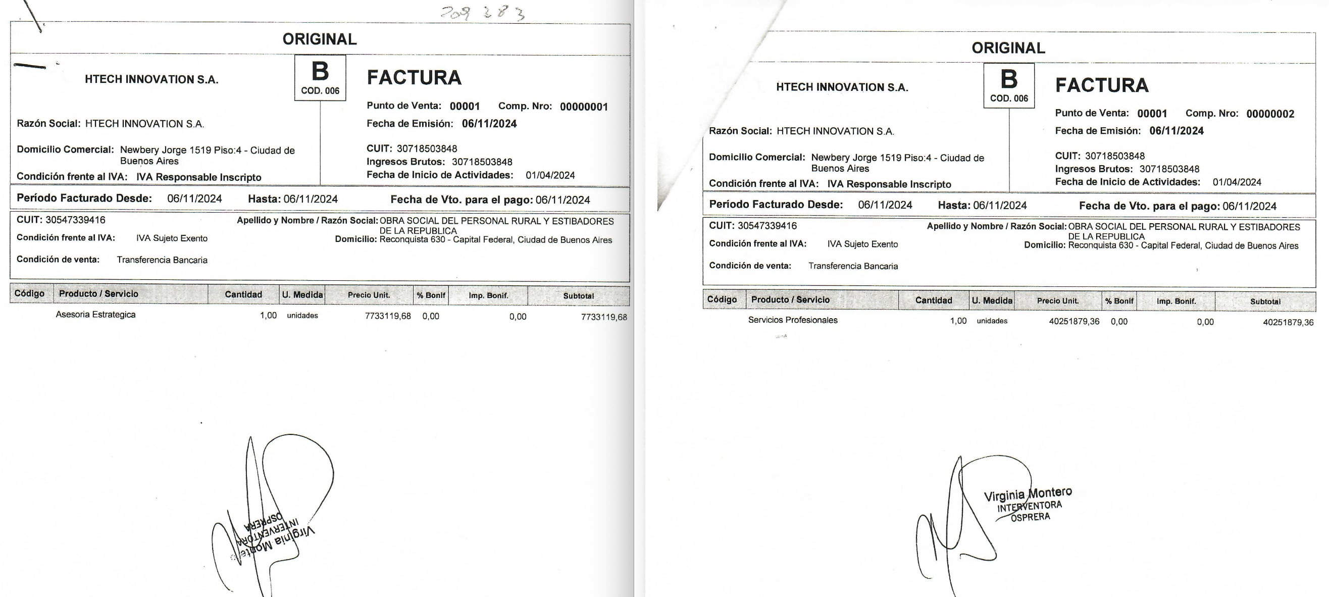 Facturas 001 y 002 de Htech a Osprera.