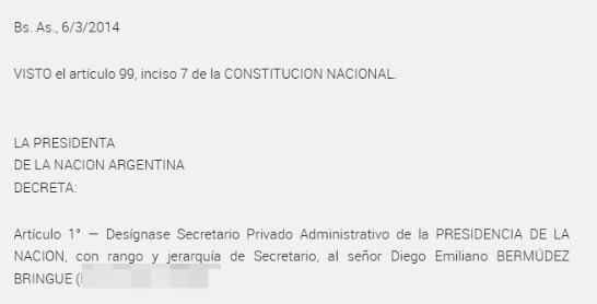 Designación de Diego Bermúdez como Secretario Privado Administrativo de la Presidencia en 2014.