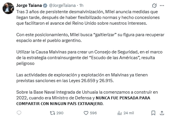 El posteo del excanciller Taiana