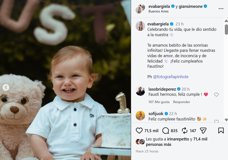 El posteo de Eva Bargiela y Gianluca Simeone