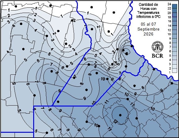El mapa refleja las horas en las que la región núcleo estuvo por debajo de los cero grados en todo el fin de semana. Las mínimas más importantes se registraron hoy en el nordeste de Buenos Aires y en el oeste, en Córdoba, entre sábado y domingo