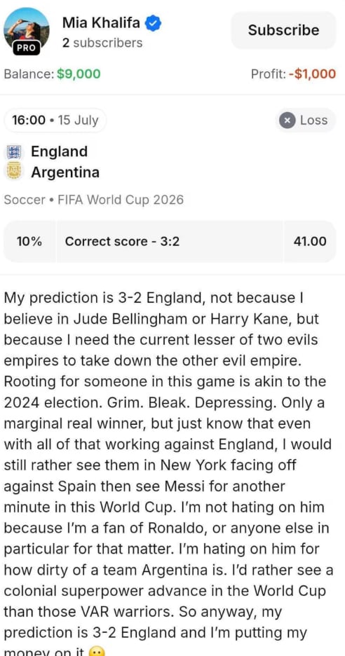El descargo de Mia Khalifa tras el partido entre Argenitna e Inglaterra
