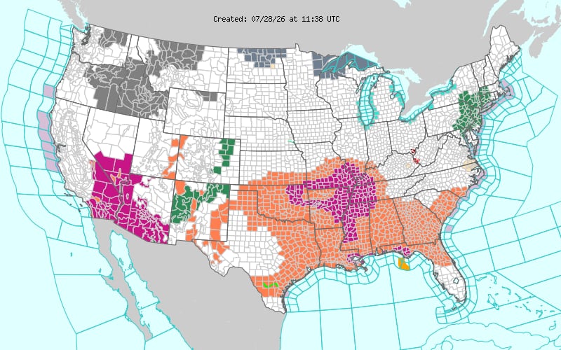 Las marcas térmicas oscilarán entre los 90°F y 99°F (32°C a 37°C), y superarán los 100°F (38°C) en sectores de Texas, Oklahoma y el valle del Mississippi