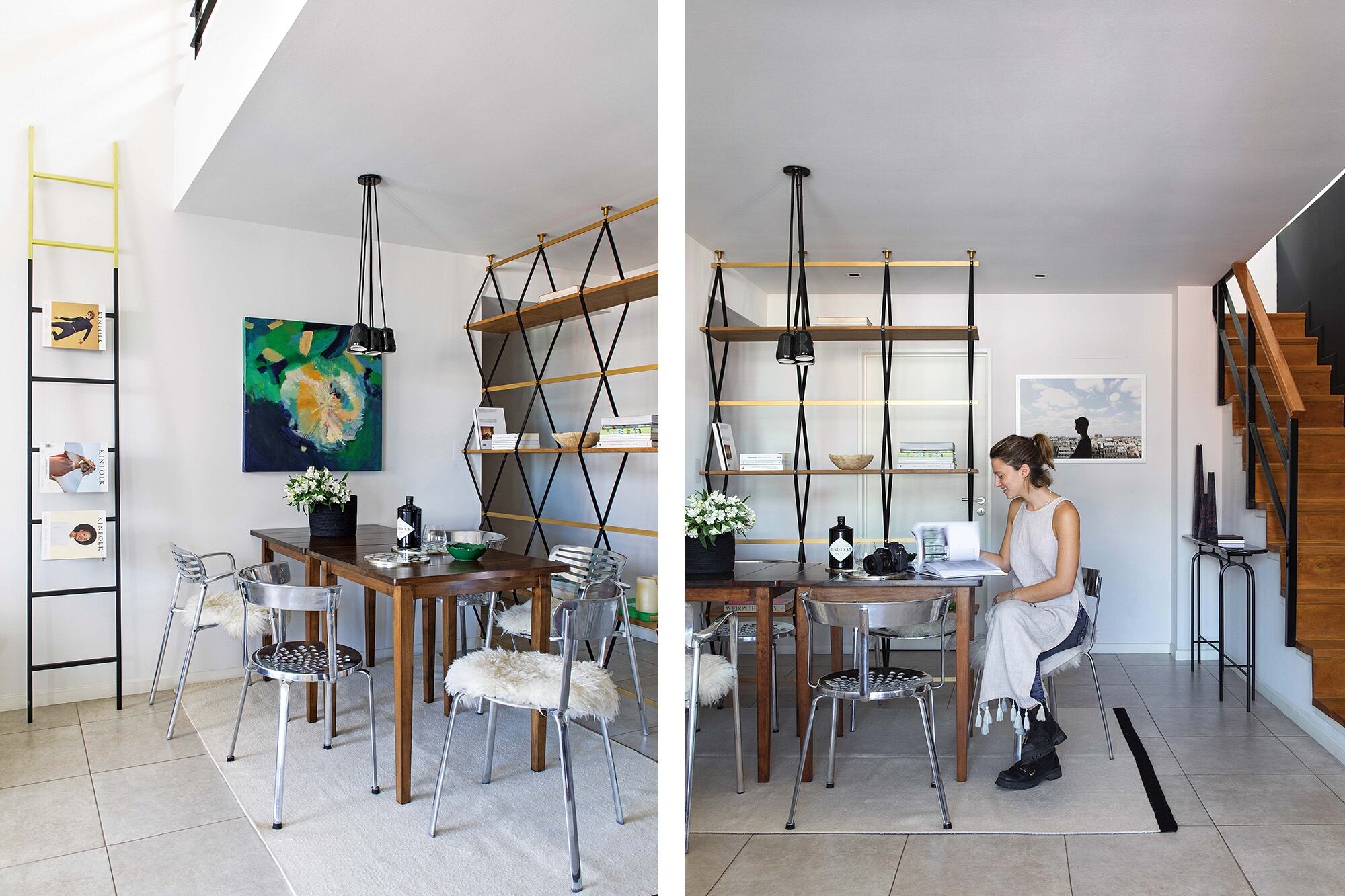 La biblioteca de hierro con estantes de petiribí generó un hall y marca el límite del comedor. Dos mesas de lenga permiten variar la configuración. Completan el cuadro de Lucía Podestá y una alfombra (Elementos Argentinos).