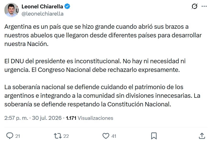 Leonel Chiarella, presidente de la UCR, aseguró que el DNU es inconstitucional