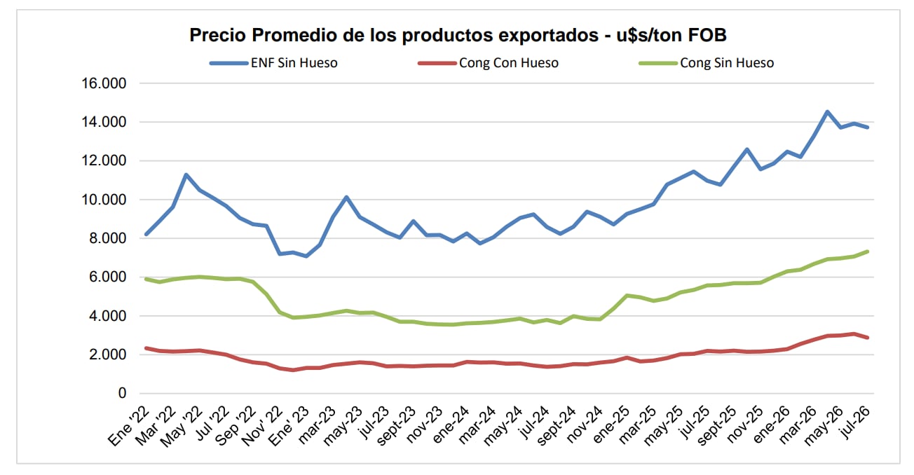 El precio promedio de las exportaciones de carne bovina refrigerada sin hueso resultó superior a los 13.700 dólares por tonelada
