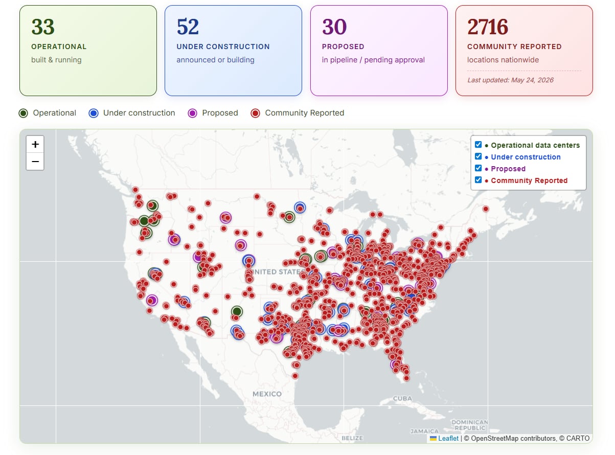 El mapa colaborativo creado por Erin Brockovich que muestra la ubicación de centros de datos presentes y futuros