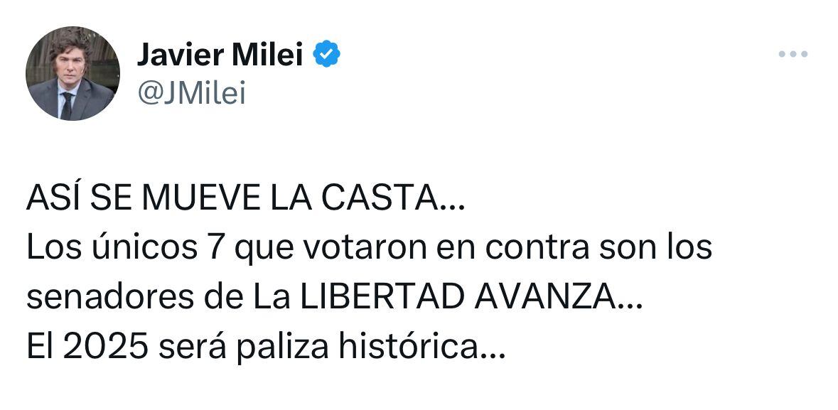 El tuit de Javier Milei en su cuenta oficial de X