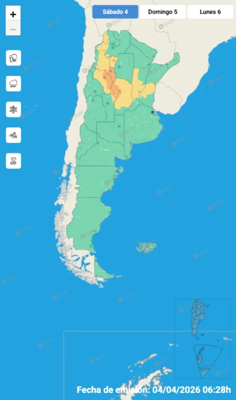 El mapa de alertas del SMN para este sábado 4 de abril.