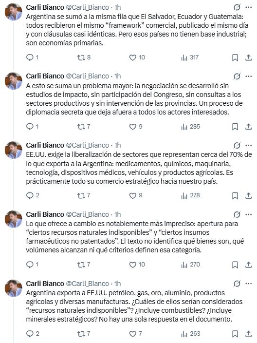 Carlos Bianco cuestionó el acuerdo comercial de Milei con Estados Unidos (X: @Carli_Bianco)