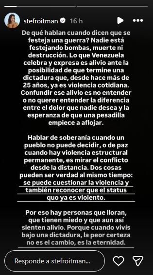 El descargo de Stefi Roitman tras la captura de Nicolás Maduro