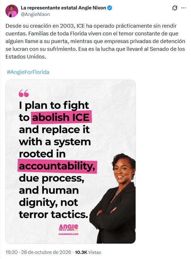 Angie Nixon promete abolir el ICE en caso de ganar las midterms 2026