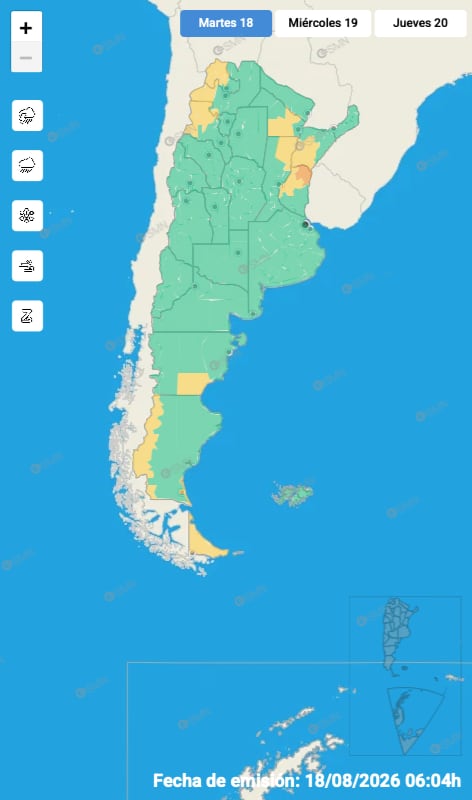 El mapa de alertas del SMN para la jornada