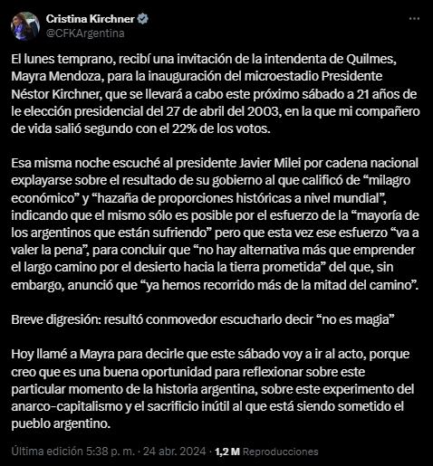 Cristina Kirchner hablará el sábado a las 16 en Quilmes, en la inauguración del Microestadio Presidente Néstor Kirchner (Foto: X @CFKArgentina)