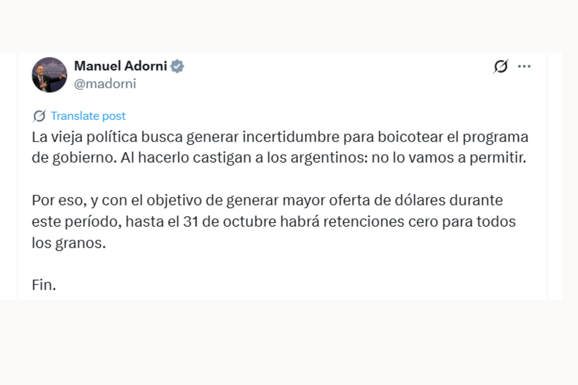 El anuncio del vocero presidencial, Manuel Adorni, sobre la eliminación temporal de las retenciones a los cultivos