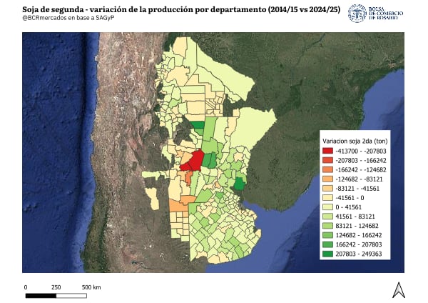 Variación de la producción de soja de segunda por departamento