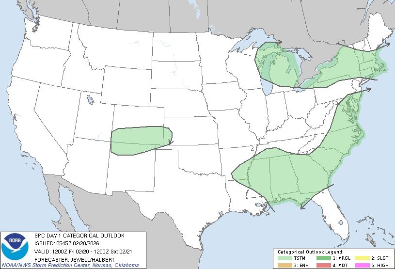 Antes de que el frente frío avance hacia el océano, el Centro de Predicción de Tormentas (SPC) anticipa el desarrollo de tormentas aisladas desde Virginia hasta las Carolinas