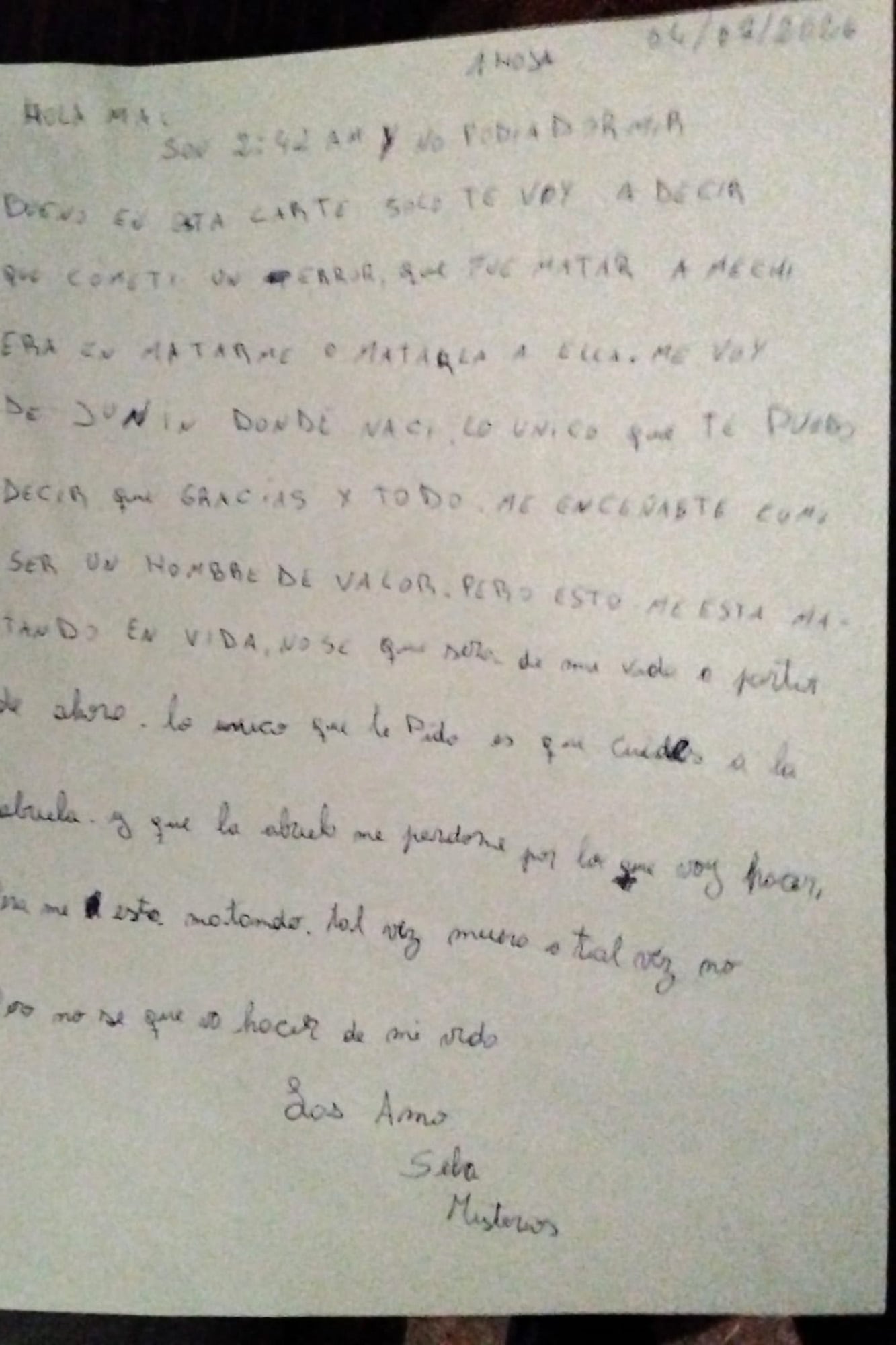 Carta que había dejado el femicida de Junin