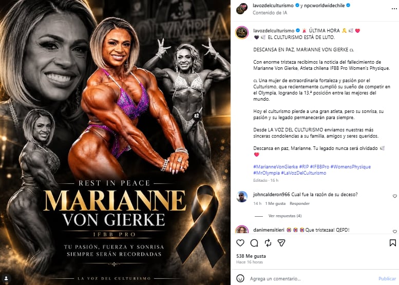 La despedida en redes sociales para la fisicoculturista chilena Marianne von Gierke (Foto: Instragram @lavozdelculturismo / @npcworldwidechile)
