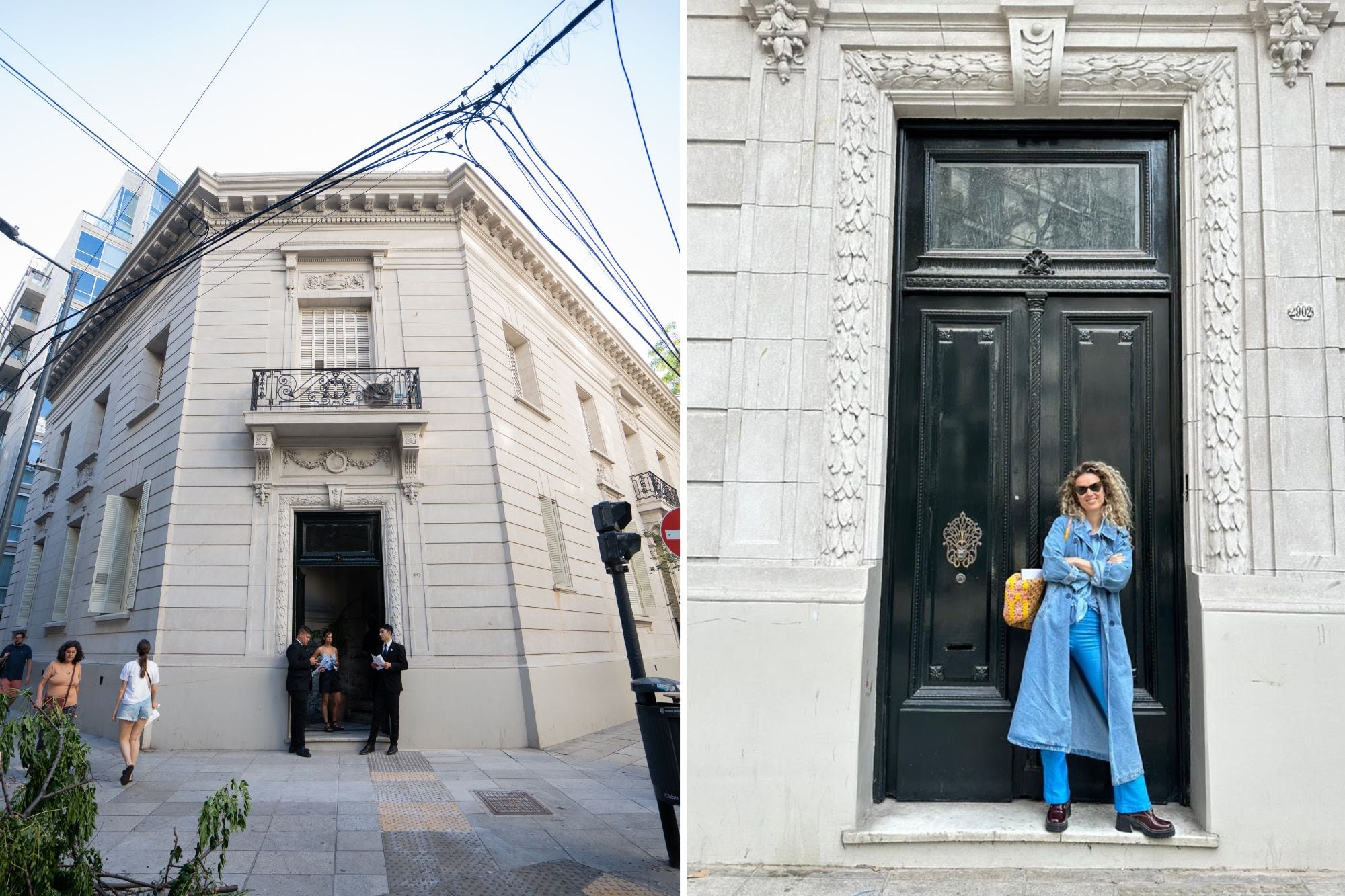 Casa Néctar, el espacio que creó Toti Quesada en Agüero y Güemes, en una antigua vivienda icónica de Barrio Norte que conserva su puerta y puede notarse su gran altura con respecto a las personas.