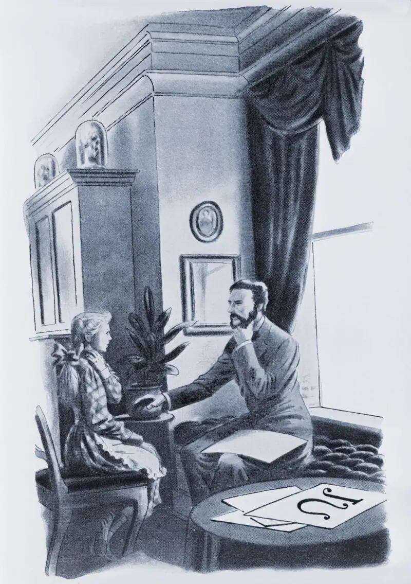Bell enseñándole a una niña sorda a hablar. En 1872 abrió en Boston una escuela de fisiología vocal y mecánica del habla para enseñar métodos de articulación, especialmente a estudiantes sordos