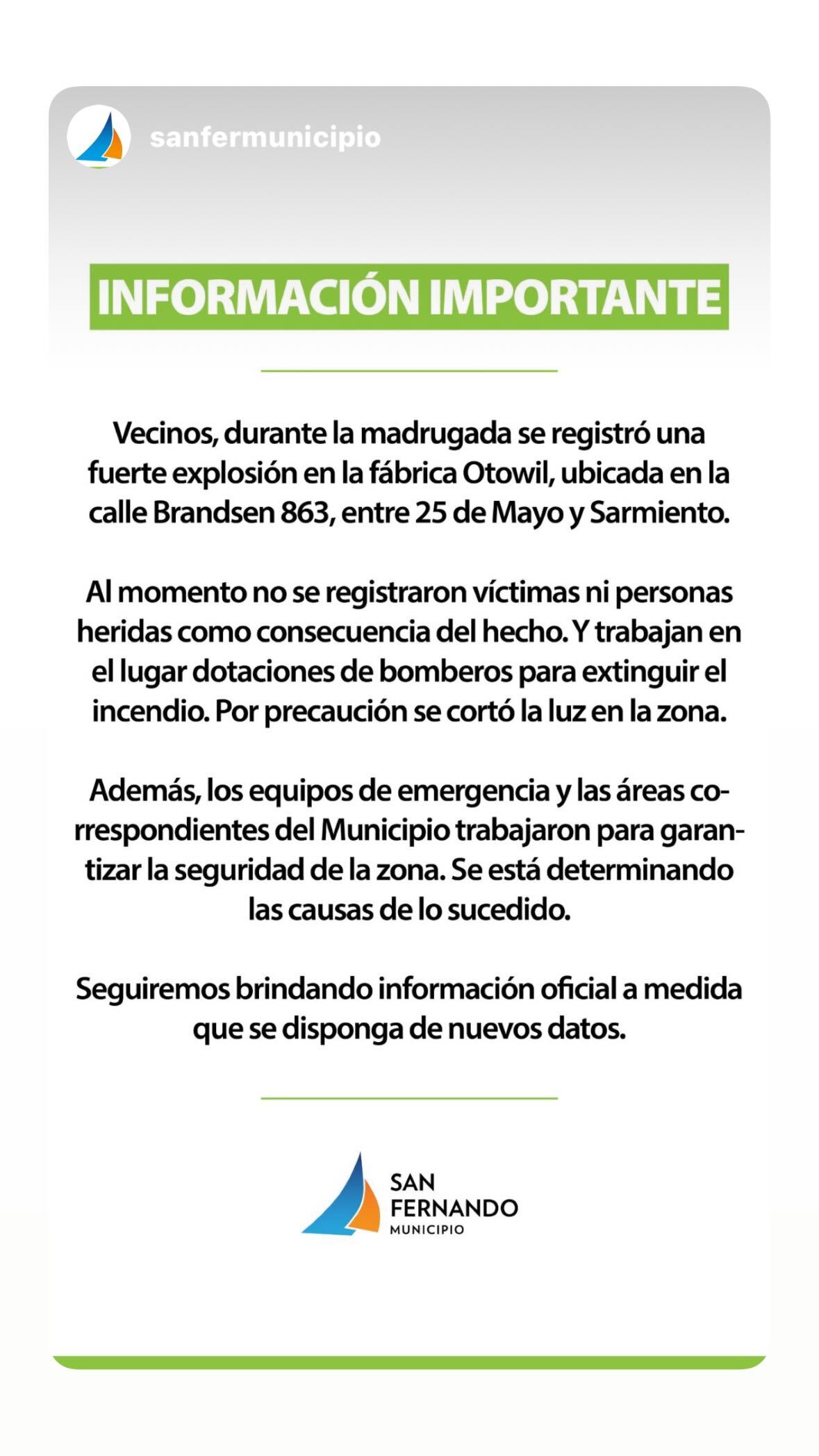 El intendente de San Fernando, Juan Andreotti, compartió en las redes sociales un comunicado de la municipalidad sobre el incendio de la fábrica