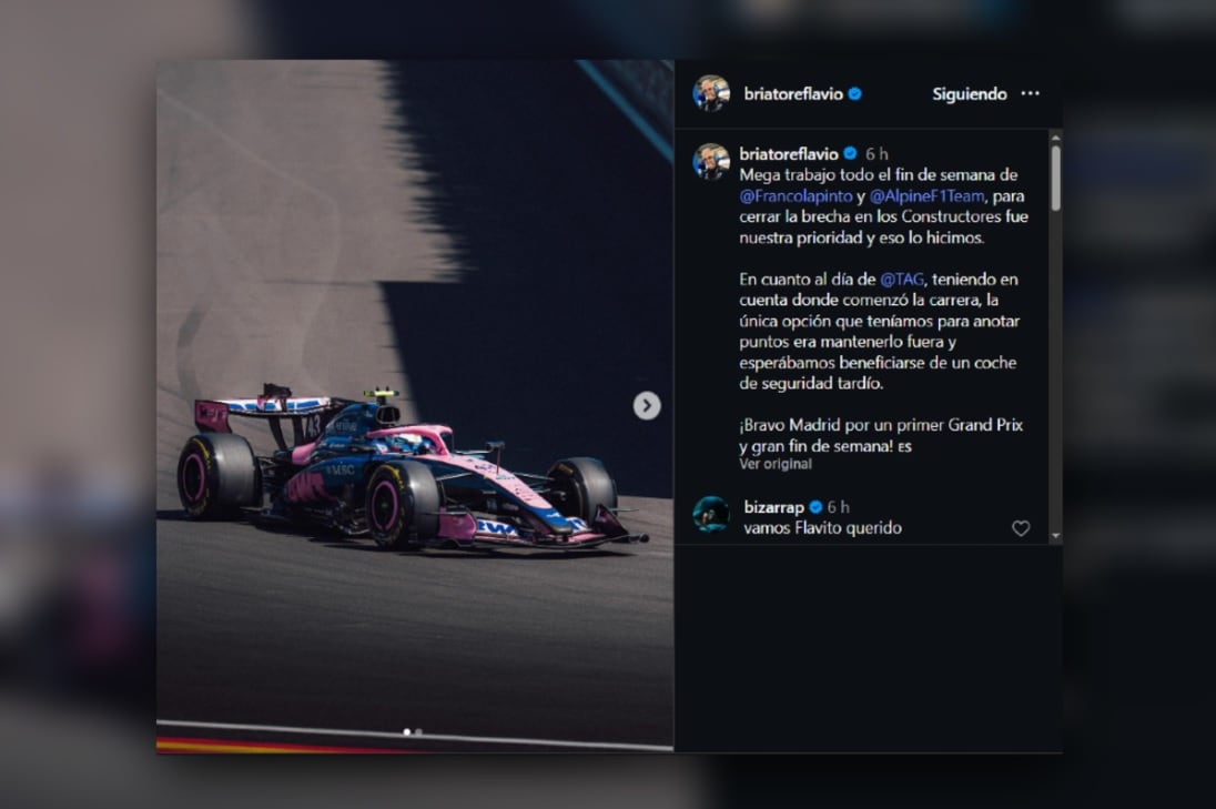 El posteo de Flavio Briatore en Instagram sobre la actuación de Franco Colapinto en el GP de España