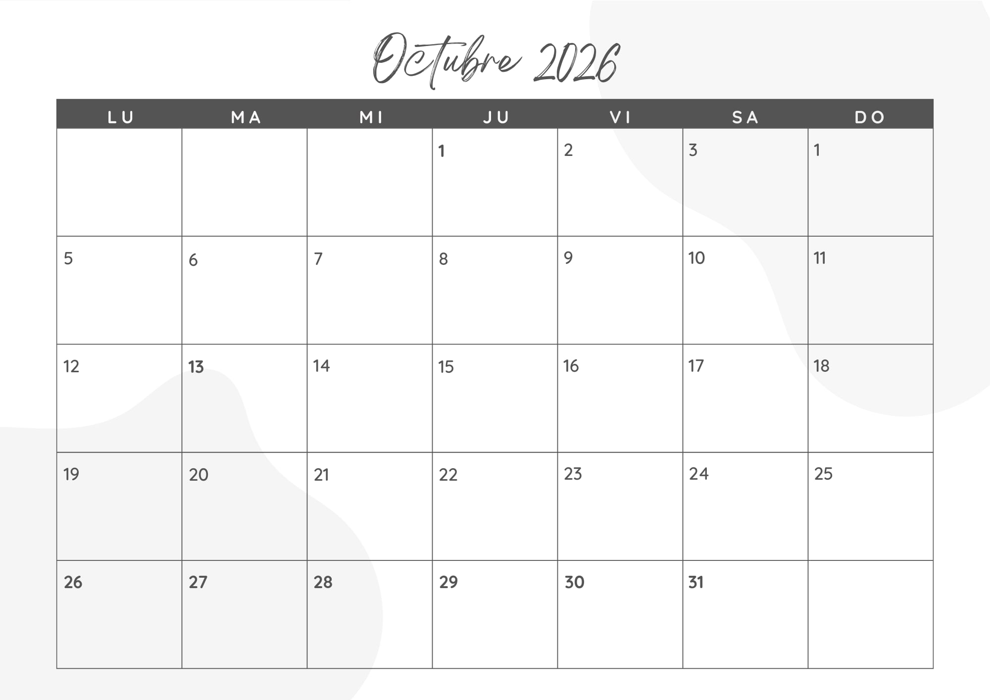 Calendario mensual 2026 para imprimir: octubre