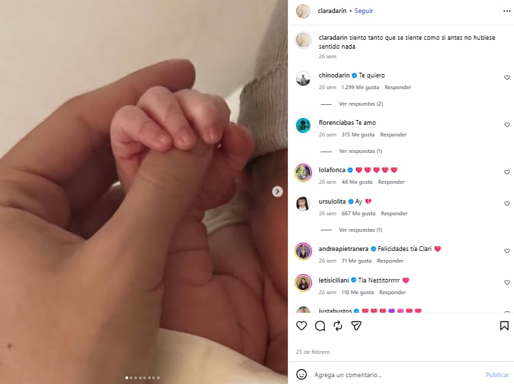 El 9 de febrero Clara se convirtió en tía de Dante, hijo del Chino Darín y Úrsula Corberó (Foto: Instagram @claradarin)