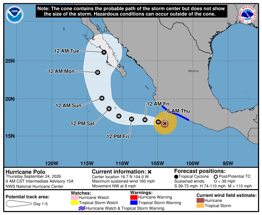 El huracán Polo acelerará su marcha hacia el oeste-noroeste por efecto de una cresta de presión en el norte mexicano