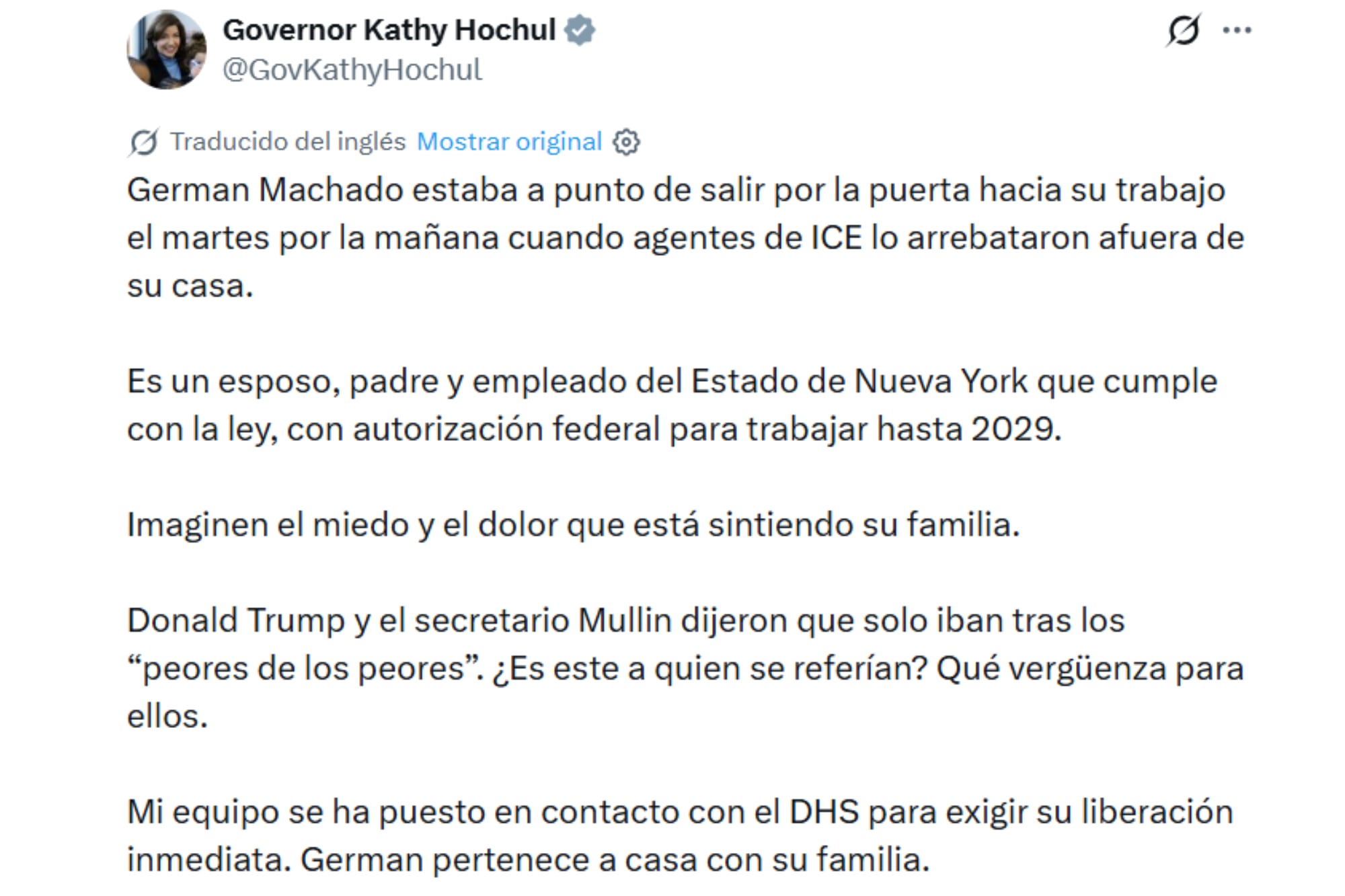 La gobernadora Kathy Hochul cuestionó la detención del trabajador venezolano y recordó que contaba con autorización federal para trabajar hasta 2029