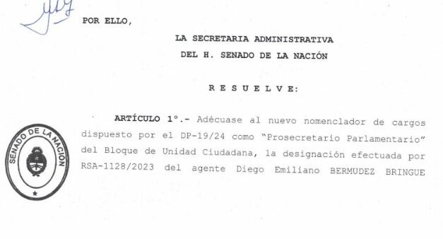 Designación de Diego Bermúdez como Prosecretario Parlamentario de Unidad Ciudadana en el Senado.