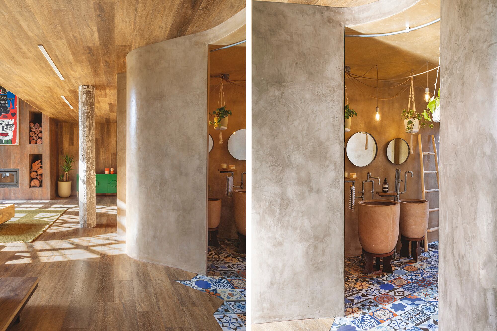 Puestos de manera irregular, los revestimientos símil calcáreos 'Volta' (San Lorenzo Design) marcan la transición entre espacios y aparecen en distintos sectores como parte de un lenguaje común.